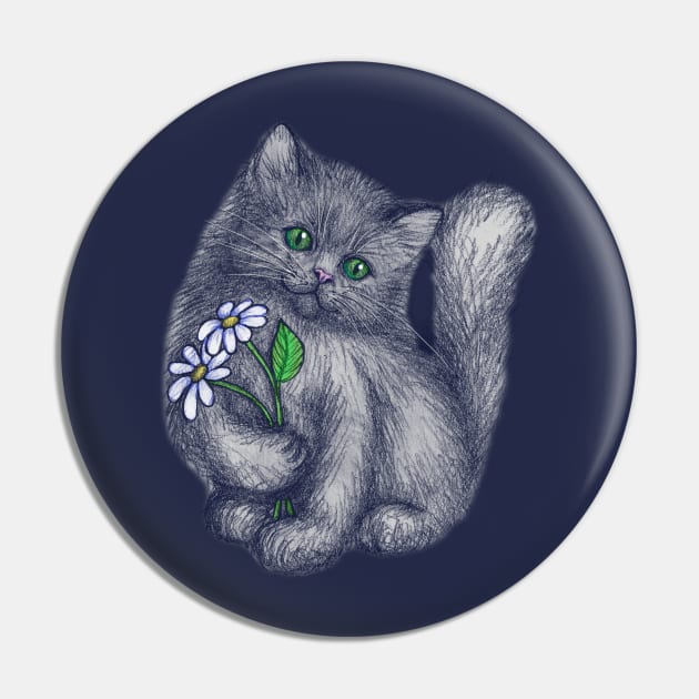 Cute Kitten with Daisies Pin by micklyn