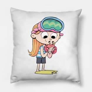 girl diver holds a small crab in her hand Pillow