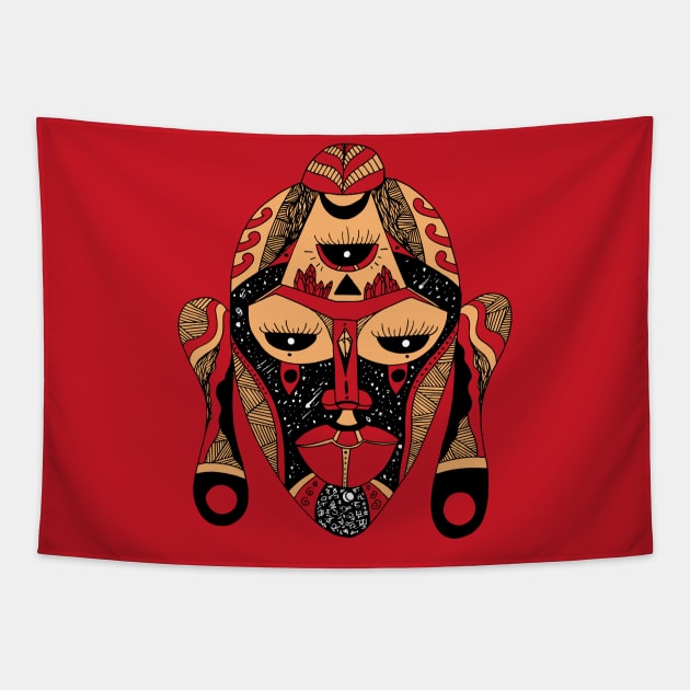 Red and Cream African Mask 7 Tapestry by kenallouis
