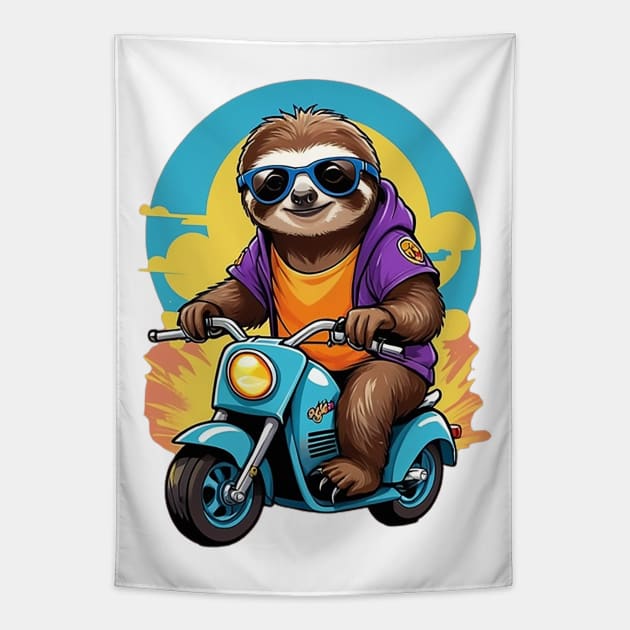 Motorbike Riding Sloth Tapestry by likbatonboot