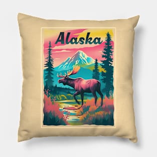 Alaska Moose Mountain Trees Retro Risograph Design Souvenir Pillow