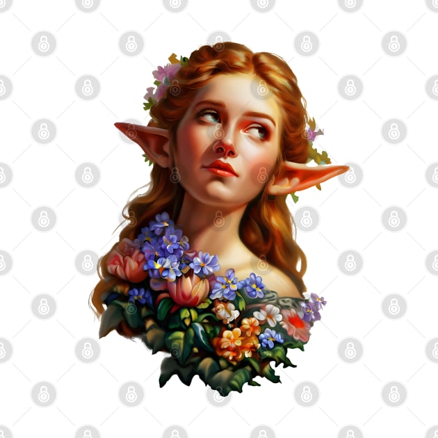 Baroque Elven Girl with Flowers Vintage Kitsch Design by Ravenglow