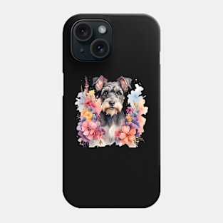 A schnauzer dog decorated with beautiful watercolor flowers Phone Case