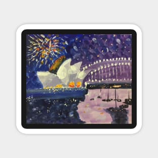 Sydney Harbour New Year Eve Fireworks 2, a painting by Geoff Hargraves Magnet