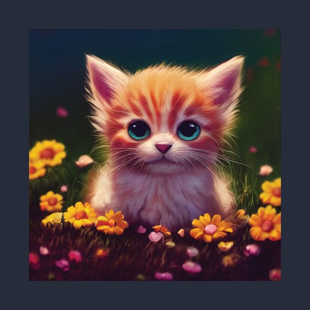 Kitten in field of flowers by Geminiartstudio