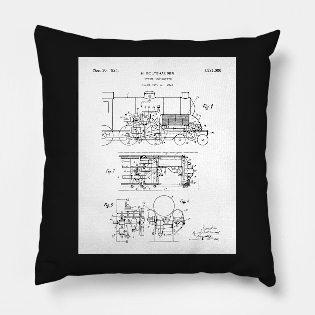 Steam Train Patent - Steam Locomotive Art - Black And White Pillow by patentpress