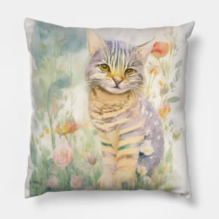 Happy Striped Cat in Flower Garden Pillow