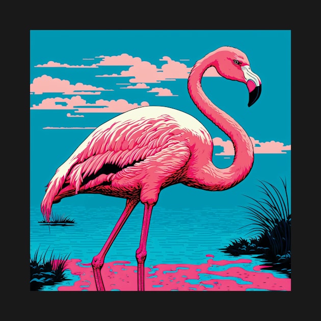 Flamingo in a Lake against Azure Sly with Pink Clouds by Geminiartstudio