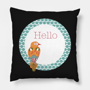 Hello folkart bird in circle Pillow