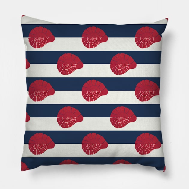 Red nautilus shells and navy stripes Pillow by Home Cyn Home 