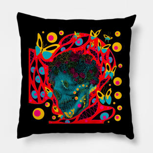 butterfly skull head ecopop art in mandala floral deadly wallpaper Pillow