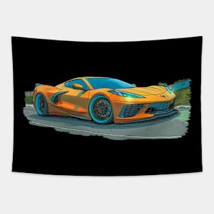 Orange C8 Corvette 'Tooner Style supercar race car muscle car sportscar cartoon Amplify Orange Sebring Orange Corvette C8 Tapestry