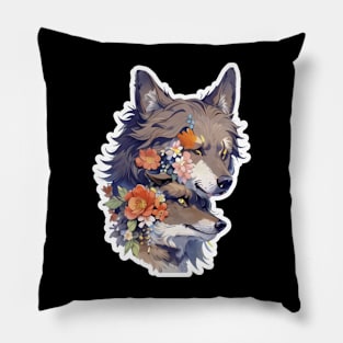 Lone Wolf With Flowers Pillow