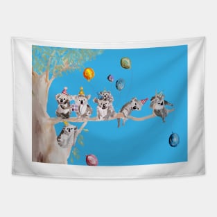 Koala Watercolor Painting, The Koalas Birthday Party - on Sky Blue Tapestry