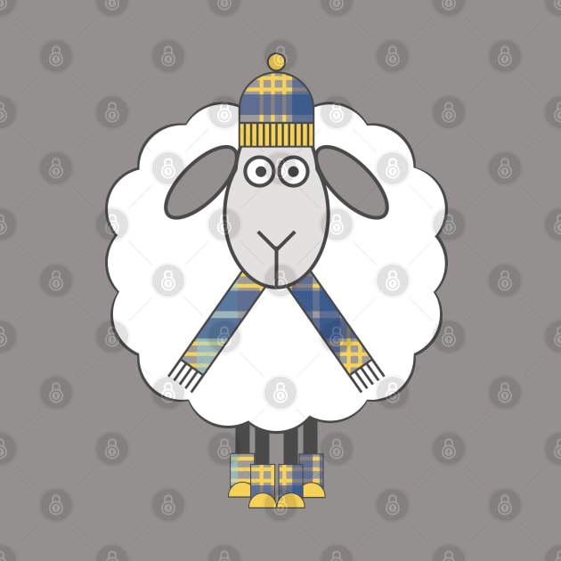 Cosy Winter Sheep With Blue and Yellow Tartan Hat, Scarf and Boots by MacPean