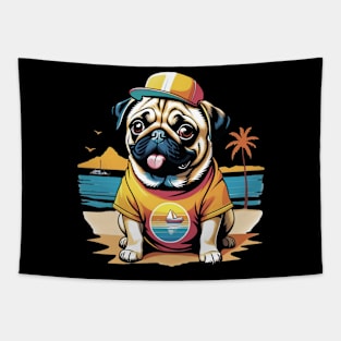 Cute Pug on Beach Vacation Tapestry