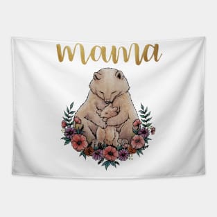 Watercolor Mothers Day Mama Bear with Cub and Flowers Tapestry
