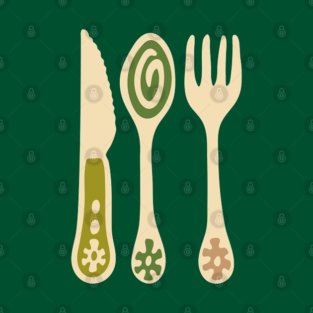 CUTLERY Retro Vintage Kitchen Utensils Knife Spoon Fork in Olive Brown and Green - UnBlink Studio by Jackie Tahara by UnBlink Studio by Jackie Tahara