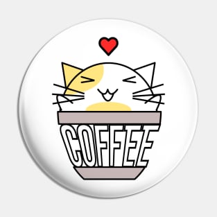 Happy cat in coffee cup with warped text heart on head yellow Pin