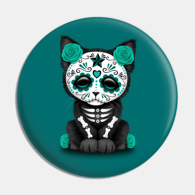 Cute Teal Blue Day of the Dead Kitten Cat Pin by jeffbartels