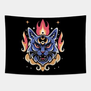 Flaming Cat Tattoo - Fierce Fire Kitty Tapestry