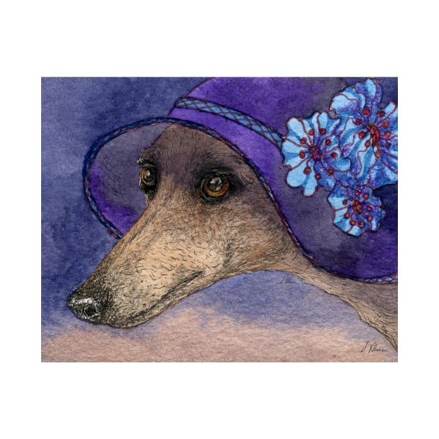 Whippet of Mystery Greyhound dog in fabulous hat with blue flowers by SusanAlisonArt