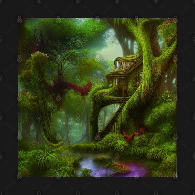 Tree House Portrait in Red Color, Greenery Outside, Landscape Painting by Promen Art