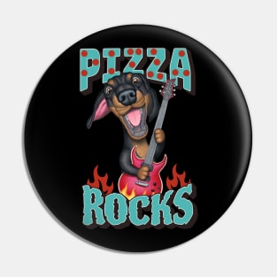 Fun Doxie Dog rocks on with guitar on Pizza Rocks tee Pin