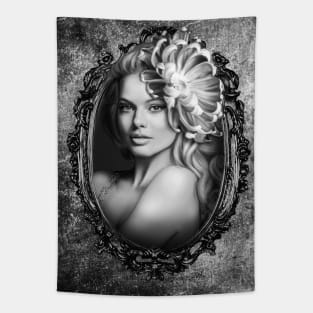 Gray shades digital art portrait artwork flower and girl Tapestry