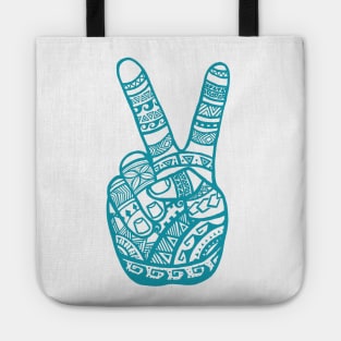 Boho Polynesian Tattoo Peace Sign Hand - Teal Tote