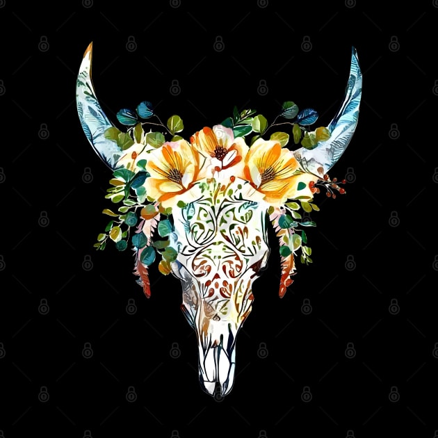 Cow Skull and Crown eucaliptus leaves and little flowers, boho, bull skull by Collagedream