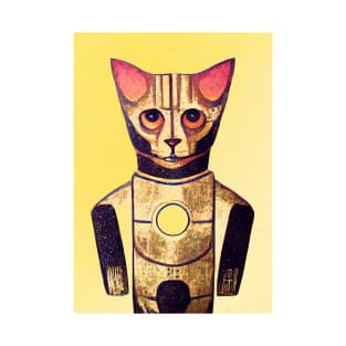 Robotic Cat Retro Poster Vintage Art Cat Wall Robot Yellow Illustration T-Shirt