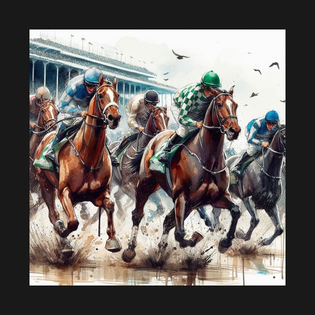 Artistic illustration of horses and jockeys in a horse race by WelshDesigns