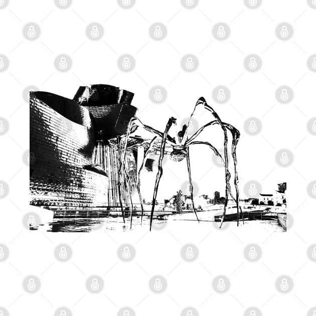 Line sketch of the Guggenheim Museum Bilbao and the Mama spider. Basque Country, Euskadi, Spain. by Rebeldía Pura