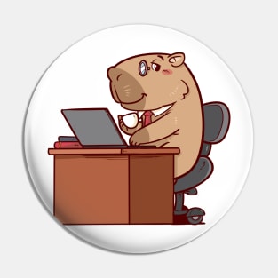 Cute Capybara working while drinking Coffee Pin