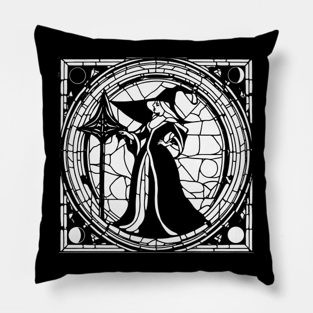 Stained Glass Witch (White) Pillow by The Tee Bizarre
