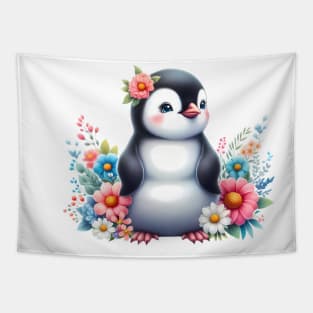 A penguin decorated with beautiful colorful flowers. Tapestry