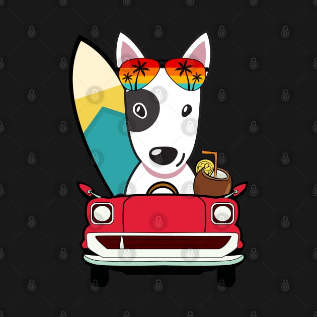 Surfer bull terrier driving to the beach by Pet Station