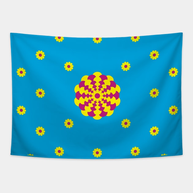 Yellow and Cerise Dahlia and Daisies on a Vibrant Blue background Tapestry by sleepingdogprod