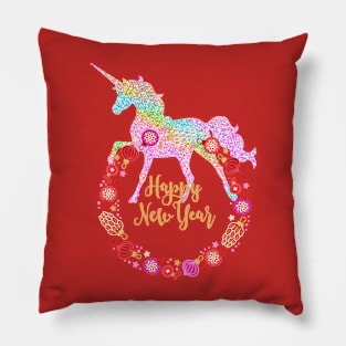 Rainbow Unicorn New Year Holiday Wreath Pillow