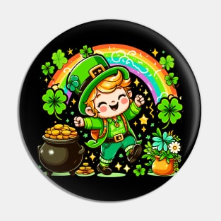 A cute Irish Lad dancing an Irish jig celebrates St Patrick's Day with a rainbow pot of gold and shamrocks Irish Pride Irish American four leaf clovers Irish dance Pin