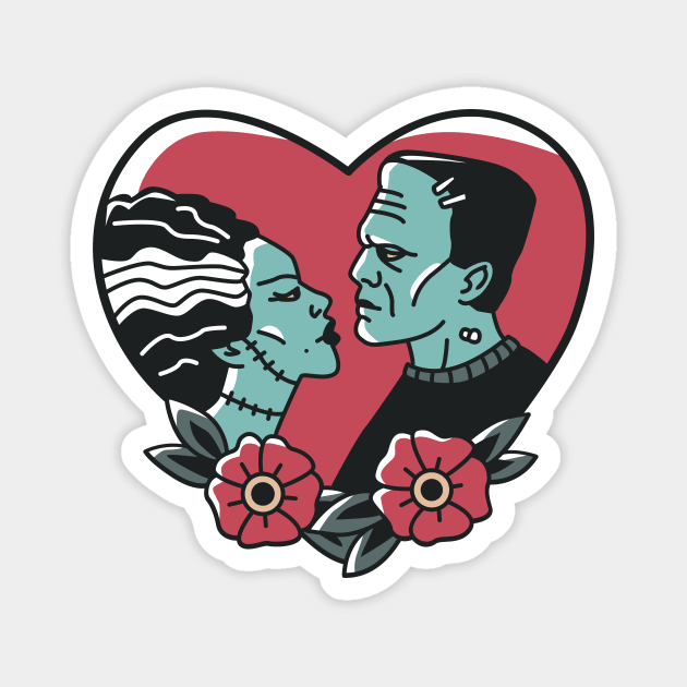 Vintage Monster Love Frankenstein's Monster and Bride of Frankenstein // Retro Tattoo Style Halloween Magnet by Now Boarding