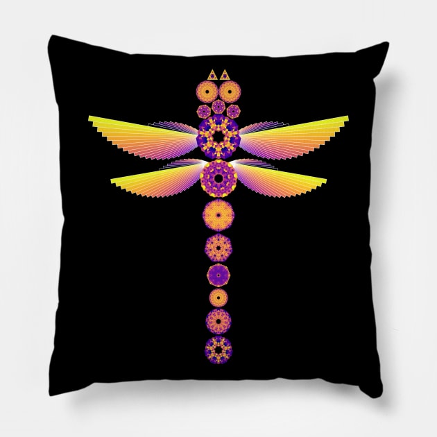 Mandala Dragonfly | Neon Plasma Flames Yellow Red Blue Pillow by aRtVerse