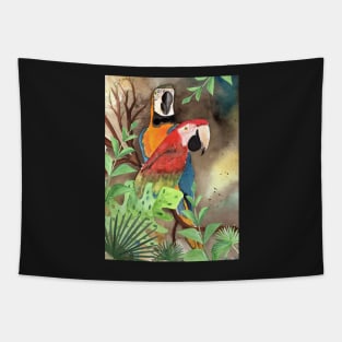 Parrot Couple with tropical leaves Tapestry