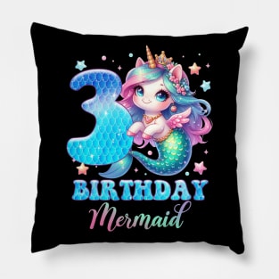 Unicorn Mermaid 3rd Birthday 3 Year Old Party Girls B-day Gift For Girls Kids Pillow