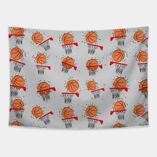 Basketball - Ball and Hoop Pattern on Grey Background Tapestry