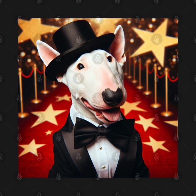 Happy bull terrier wearing tuxedo and hat in front of stars by nicecorgi