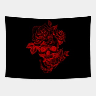 Skull and roses line art in red Tapestry