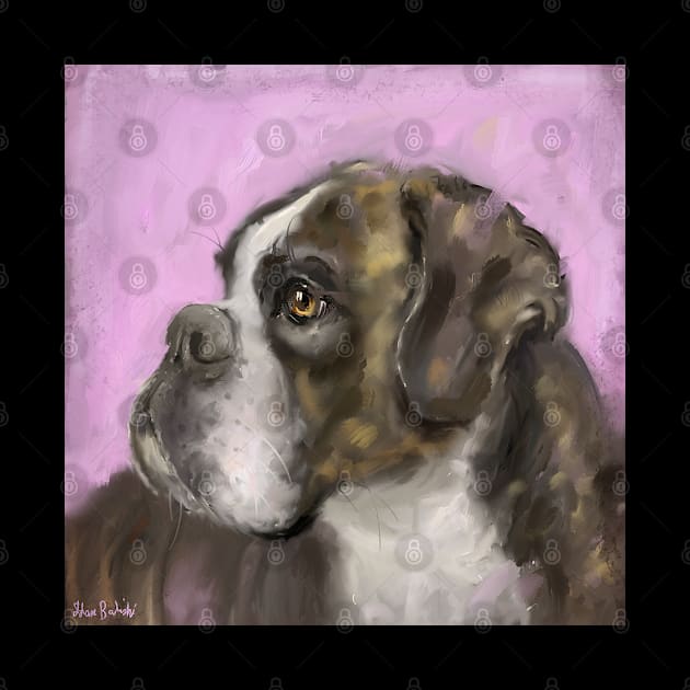 Painting of a Brown Coated Boxer Dog Looking to the Side on Purple Background by ibadishi