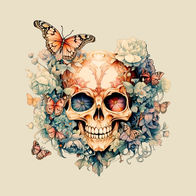 Enchanting Decay, Bloom Skull in a Gothic Garden (Antique Version) by Nebula Nexus